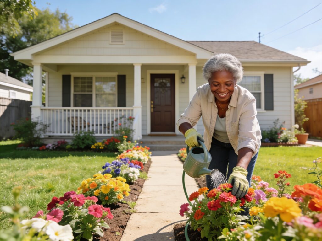 Aged woman working in a flower bed in front of her small home