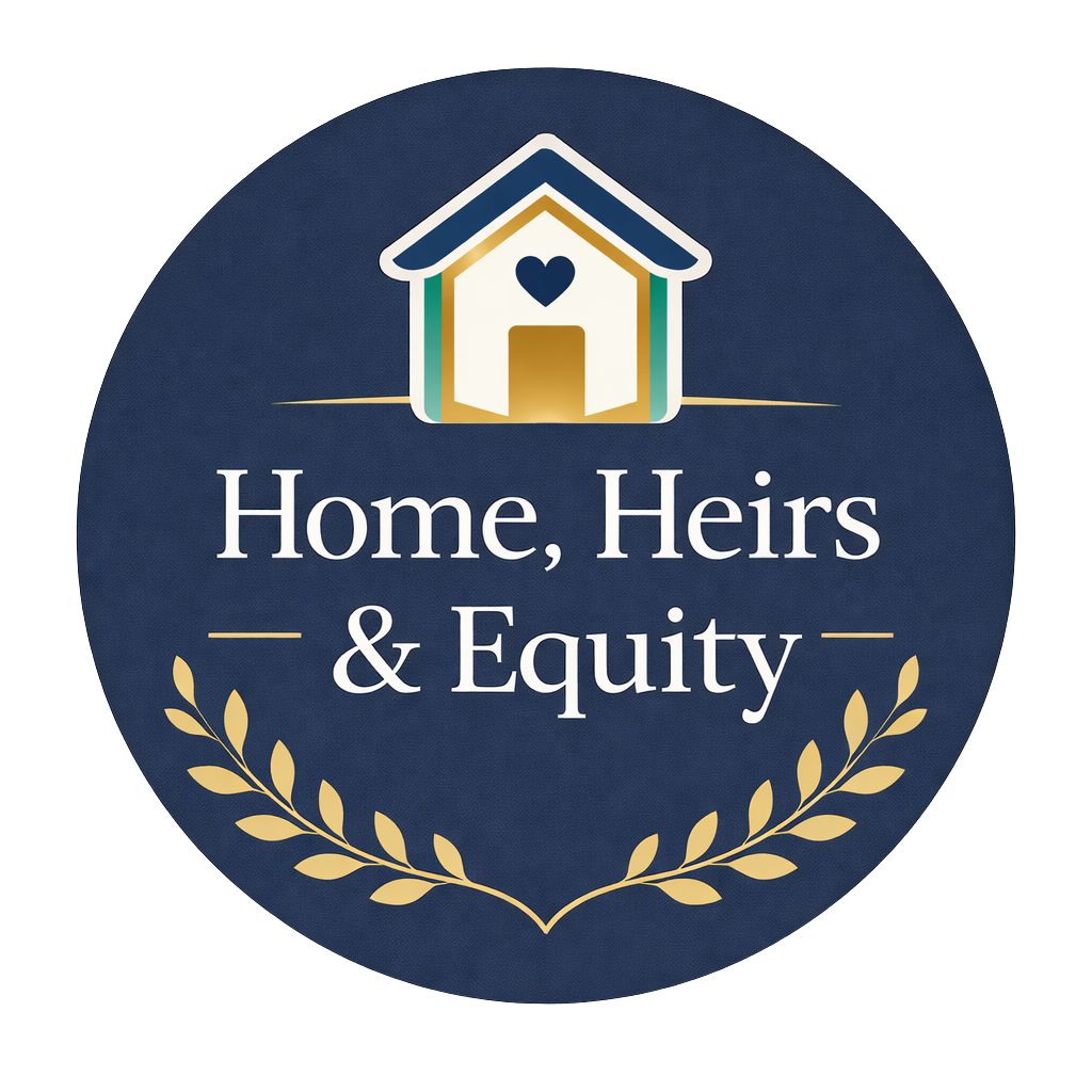 Home, Heirs & Equity Logo, home with heart above the door and decorative accents