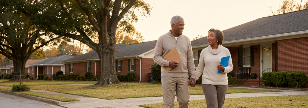 Couple walking down the street hand in hand as they consider downsizing their home.