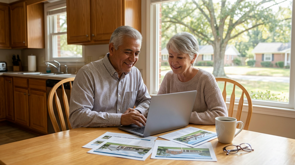 Couple sitting at a dining room table, considering the purchase of a home so they know when to downsize your home in Georgia