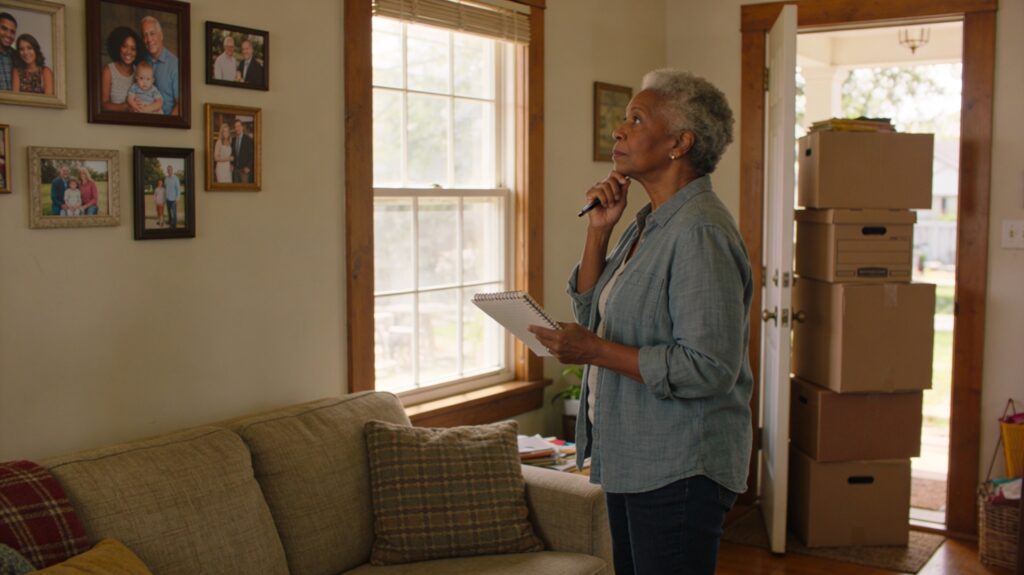 Woman packing to move to a smaller home contemplates the memories in this home as she looks at a wall of family photos
