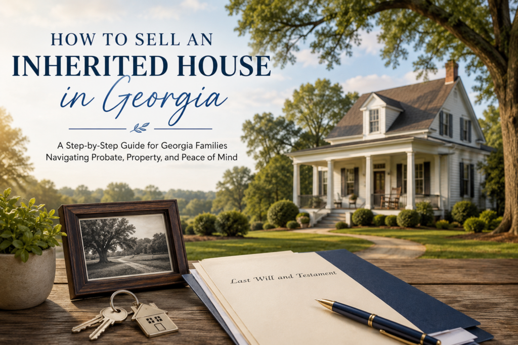 last will and testament, house keys, and a family photo overlaid on a house for sale